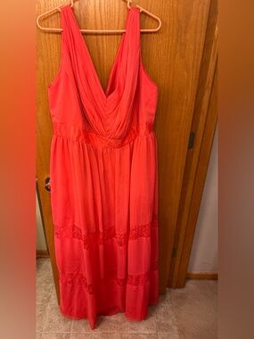 David's Bridal Coral Maxi Dress with Lace Panels